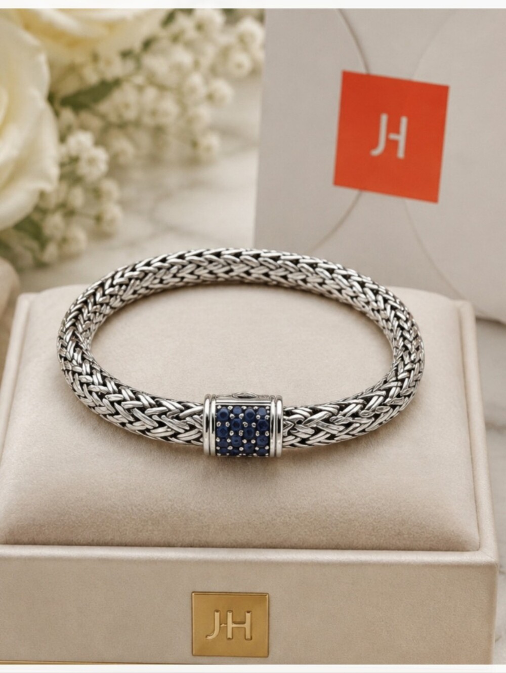 John Hardy Silver Bracelet with Blue Pavé Barrel